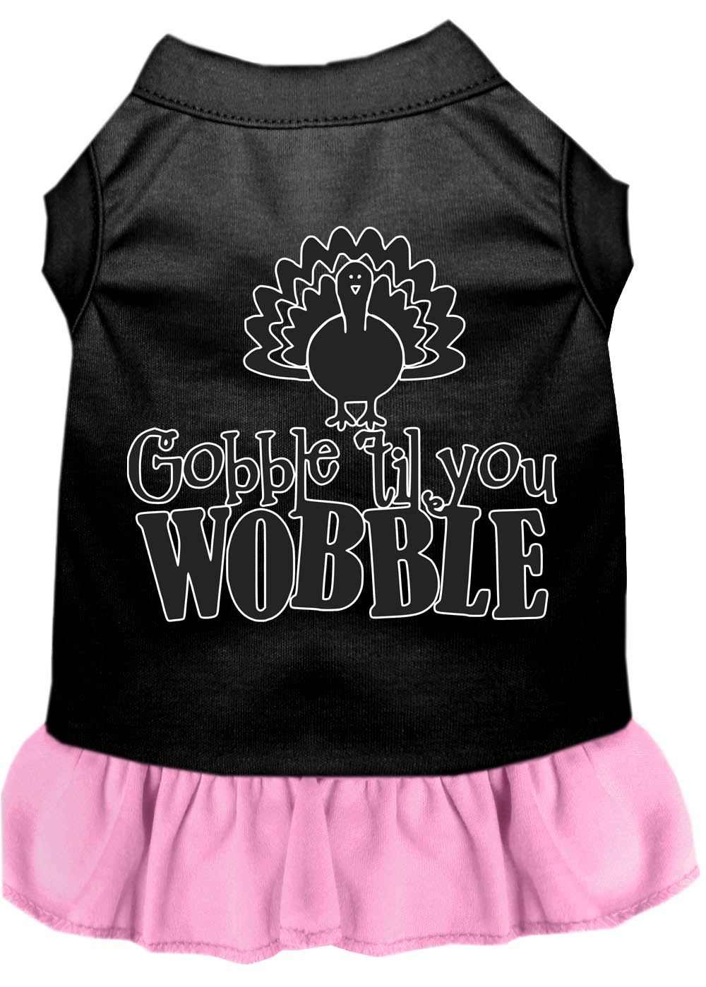 Gobble til You Wobble Screen Print Dog Dress Black with Light Pink Lg